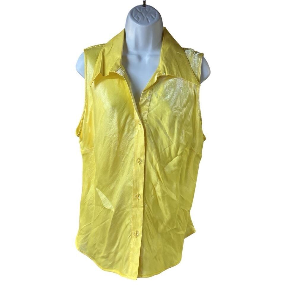 Gantos Blouse Womens XL Yellow Silky Rayon Sleeveless Button Up Made USA